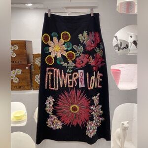 Unique Colourful Beaded Sequin & Floral Graphic Embellished Long Black Skirt